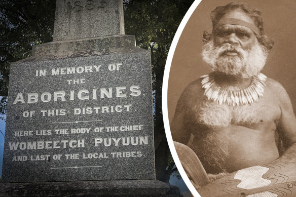 Wombeetch Puyuun, right, and the monument to the tribal chief and the last of the local Indigenous people, erected by James Dawson at Camperdown.