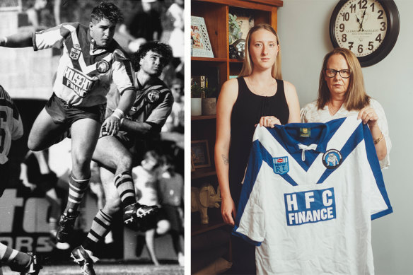 Kyle White during his playing days with the Bulldogs. White’s stepdaughter Eliza Tyndall and fiancee Melanie Sullivan with one of his playing jerseys.