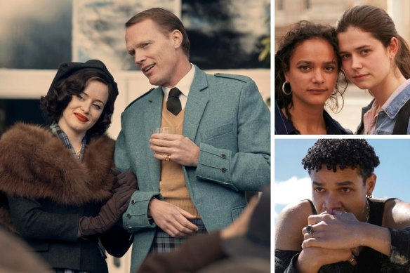 Clockwise from main: Claire Foy and Paul Bettany in A Very British Scandal, Sasha Lane and Alison Oliver in Conversations with Friends and Miles Guiterrez-Riley in The Wilds.