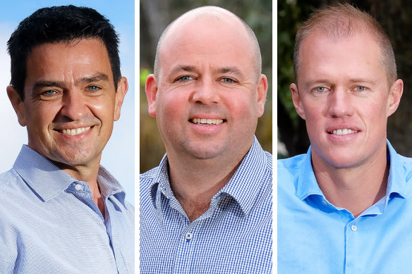 Nicholls candidates Rob Priestly (independent), Sam Birrell (Nationals) and Steve Brooks (Liberal).