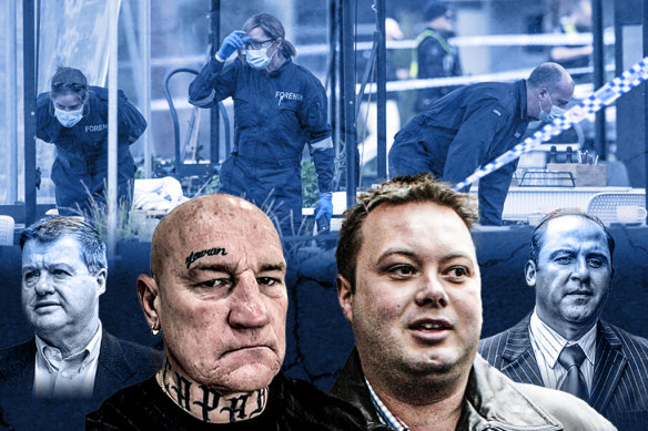 Lewis Moran​​; Gavin “Capable” Preston​​; Carl Williams; and Tony Mokbel​. In the background, police at the scene after Preston was killed at a cafe in Keilor Village last year.