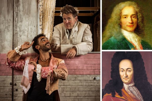 Clockwise from main: Lyndon Watts and Eddie Perfect during rehearsals for Candide; Voltaire; Gottfried Wilhelm Leibniz.