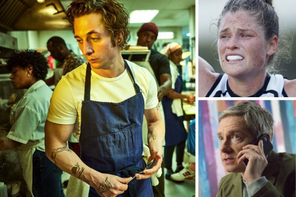 Clockwise from main: Jeremy Allen White in The Bear, Brianna Davey of the Magpies in Fearless: The Inside Story of the AFLW and Martin Freeman in Breeders.