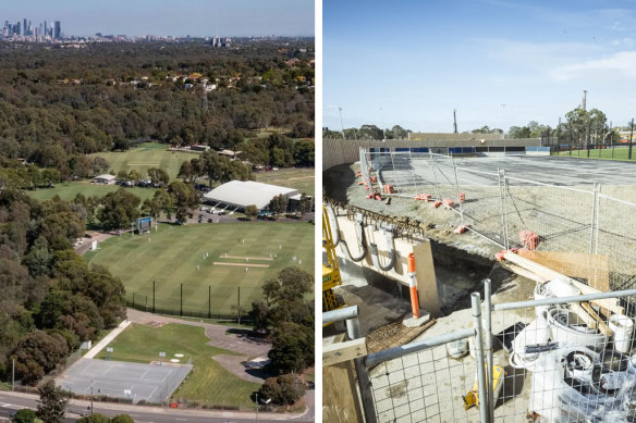 Carey Baptist Grammar’s sports fields in Bulleen (L). The fields in 2024 amid construction (R).