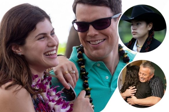 Clockwise from main: The White Lotus, Reservation Dogs and Matt LeBlanc embraces Courteney Cox in the Friends reunion special.