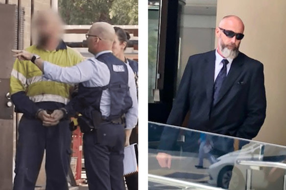 Adrian Trevor Moore being arrested by police, left, and at a prior court appearance.