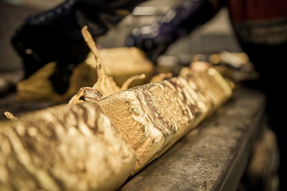 At Fosterville, cooled gold bars are yet to be trimmed where they’ve dribbled over the edges of their moulds.