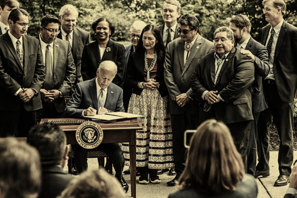President Joe Biden signs proclamations expanding the areas of three national monuments in 2021.