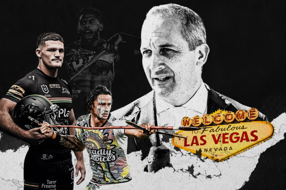 Nathan Cleary, Nicho Hynes and NRL chief Andrew Abdo, who says “rugby league is genuinely an entertaining product that will have global appeal”.