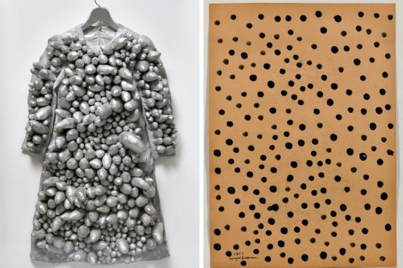 From left, Silver Dress, 1976, and Infinity Dots, 1953, are two of nine Kusama works in the NGV show owned by Daisuke Miyatsu.