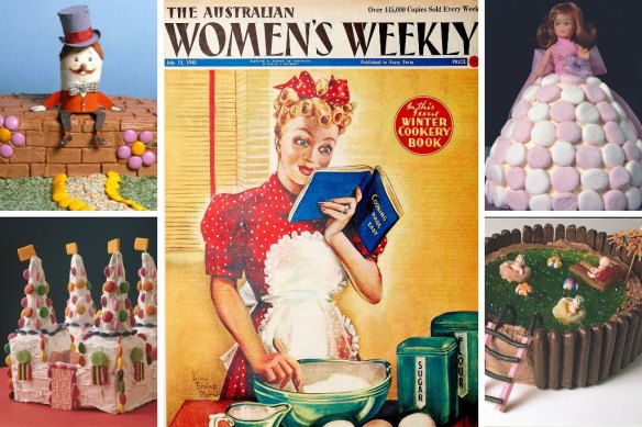 Clockwise from main: July 14, 1940 cover; Dolly Varden cake; swimming pool cake, candy castle cake; Humpty Dumpty cake (cake images from the 1980 birthday cake book).