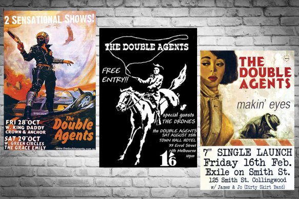 The Double Agents’ gig posters, including a 2007 single launch (far right) for the song Makin’ Eyes, and an earlier show with the Drones (centre).