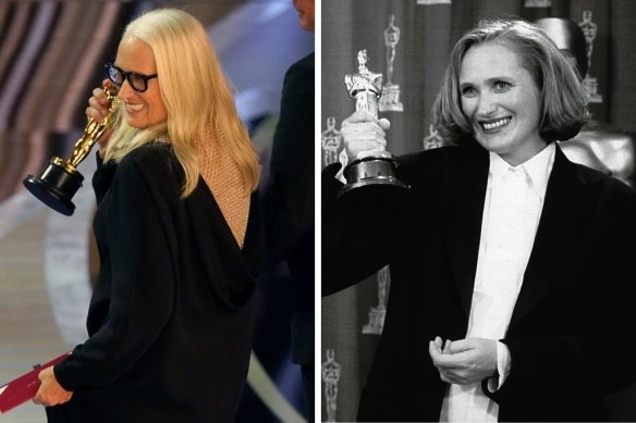 Jane Campion walks off stage after collecting the best director Oscar for The Power of the Dog and is seen after winning the original screenplay award for The Piano in 1994.