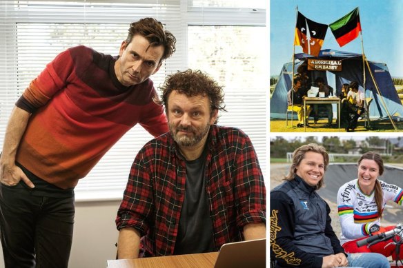 Clockwise from main: David Tennant and Michael Sheen in Staged, the Aboriginal Tent Embassy in 1972 and Sam “the Bandit” and Alise “the Beast” Willoughby.