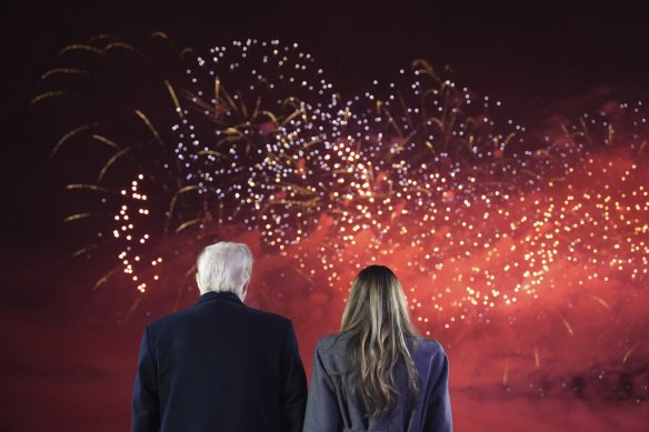 President-elect Donald Trump, Melania Trump and family watch fireworks at Trump National Golf Club.