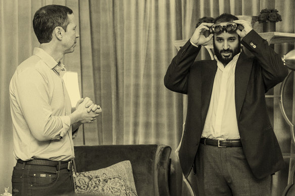 The Crown Prince of Saudi Arabia, Mohammed bin Salman – who also heads Saudi’s main sovereign fund – tries on a virtual-reality headset in California in 2018.