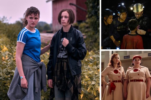 Clockwise from main: KJ Brandman and Mac Coyle in Paper Girls, Thirteen Lives charts the Thai cave rescue and ’90s movie A League of Their Own gets rebooted as a TV series.