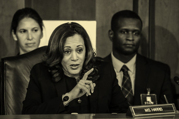 Harris questions Supreme Court nominee Judge Brett Kavanaugh during his confirmation hearing in Washington in 2018.