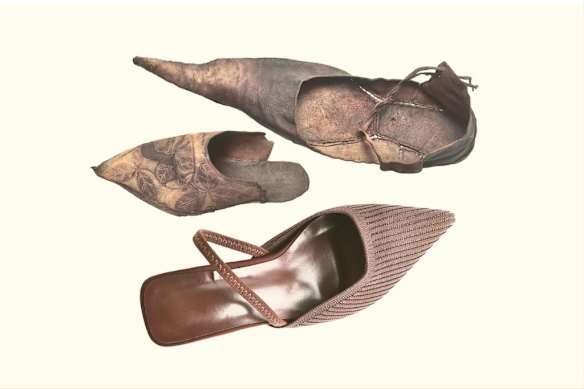 Bunions have been found in skeletons from the 14th century, when leather shoes such as these were in fashion (the style lives on in modern footwear, also pictured).