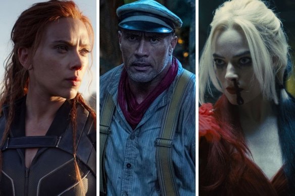 From left: Scarlett Johansson in Black Widow, Dwayne Johnson in Jungle Cruise and Margot Robbie in The Suicide Squad.