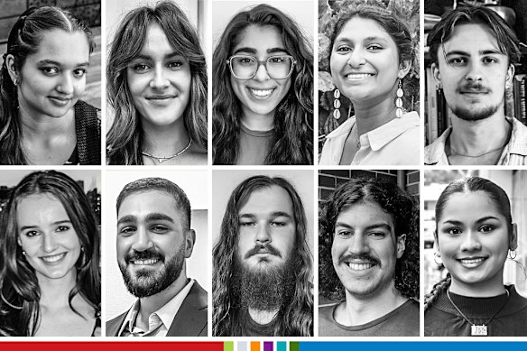 Clockwise: Jiya Patel, 19, seat of Chifley; Nikki Rossendell, 25, Wentworth; Mary Anne Yosef, 22, MacArthur; Grace Vegesana, 26, Chifley; Jonty Mirow, 20, Bennelong; Muskaanpreet Kaur, 19, Lindsay; Angus Cosgrove, 21, Parramatta; Matthew Guthrie, 23, Cunningham; Arseen Yonana, 24, McMahon; Charlotte Thorne, 22, Wentworth.