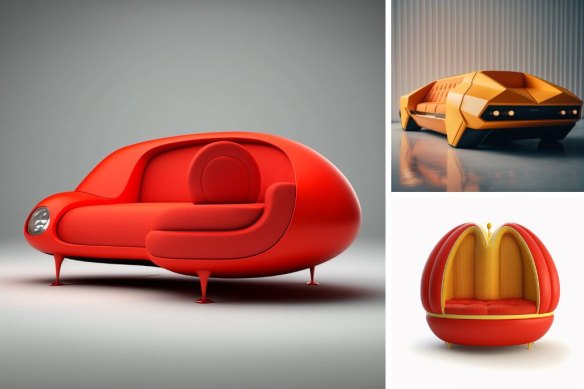 AI-generated sofa designs: a Porsche 911 turbo (main); a Lamborghini Diablo; the the McDonald’s logo. 