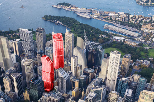 The two proposed skyscrapers, in red, above the metro train station will be up to 58 storeys high.