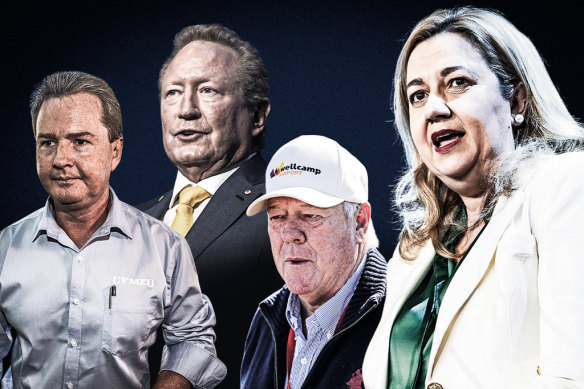 Premier Annastacia Palaszczuk with, from left, CFMEU Queensland secretary Michael Ravbar, billionaire Andrew Forrest, and Toowoomba businessman John Wagner.