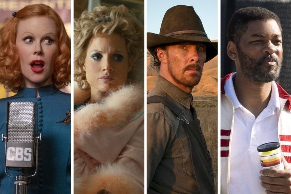 Outstanding performances (from left): Nicole Kidman in Being the Ricardos, Jessica Chastain in The Eye of Tammy Faye, Benedict Cumberbatch in The Power of the Dog and Will Smith in King Richard.