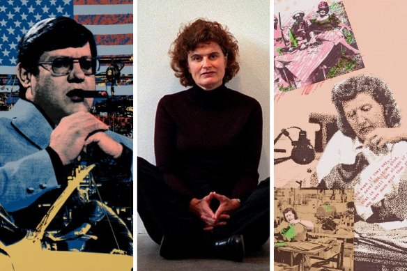 Mandy Martin and two of her works, Big boss 1977, left, and You never had it so good 1974/75. 