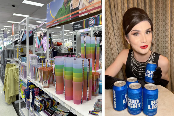 Target in the US has copped a backlash for its pride displays (left), while Bud Light was boycotted over a partnership with trans woman Dylan Mulvaney (right). 