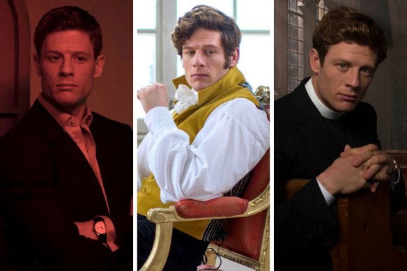 From left: Norton as Alex Goodman in McMafia, as Prince Andrei in War and Peace and as Reverend Sidney Chambers in Grantchester.