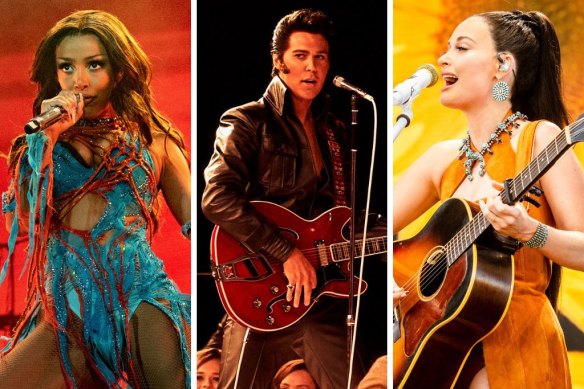Doja Cat (left) and Kacey Musgraves (right) are just two of the musicians who have reinterpreted Presley’s music for Elvis, starring Austin Butler (centre).
