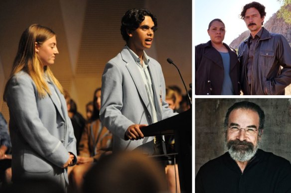 Clockwise, from left: Off Country, Rarriwuy Hick and Luke Arnold in True Colours and Mandy Patinkin.