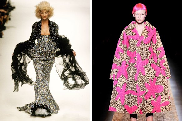 From left, Linda Evangelista wears Vivienne Westwood evening bolero and dress, from the Erotic Zones collection, spring-summer 1995; Henna Lintukangas wears Comme des Garçons Look 9, from the 2 Dimensions collection, autumn-winter 2012–13.