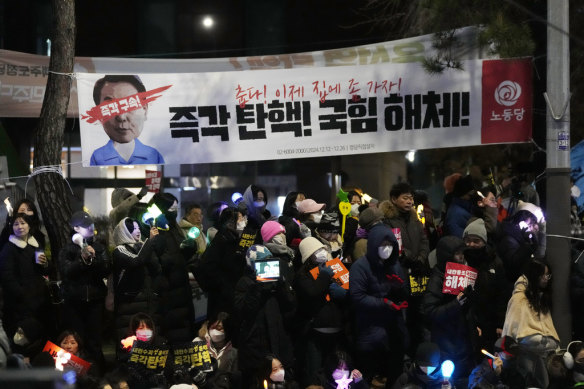 Protesters rally in support of South Korean President Yoon Suk Yeol’s impeachment.
