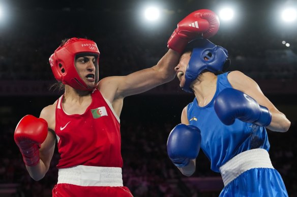 Algeria’s Imane Khelif (left) fights China’s Yang Liu in the women’s 66-kilogram gold medal bout in Paris last year.