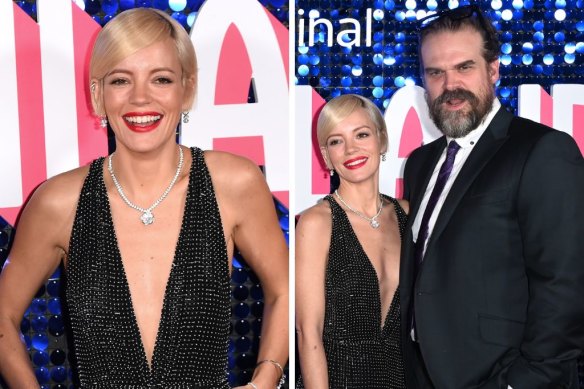 Lily Allen attends a special screening of Dreamland in London in March and, right, with husband David Harbour.