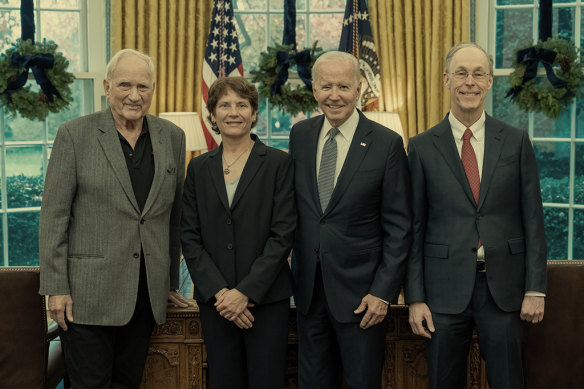 John Clauser, far left, after receiving a Nobel Prize for Physics in 2022 with US President Joe Biden and other Nobel winners Carolyn Bertozzi (chemistry) and Douglas Diamond (economic sciences). 