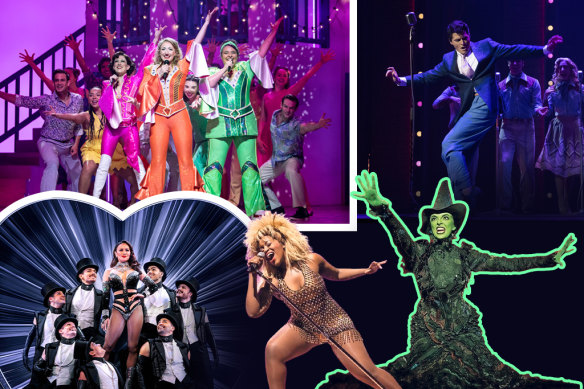 Musical theatre in Australia is experiencing a boom, including (clockwise from top left) Mamma Mia, Elvis, Wicked, Tina the Musical and Moulin Rouge. 