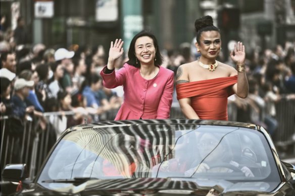 Connie Chan (left) during San Francisco’s Chinese New Year parade in March.