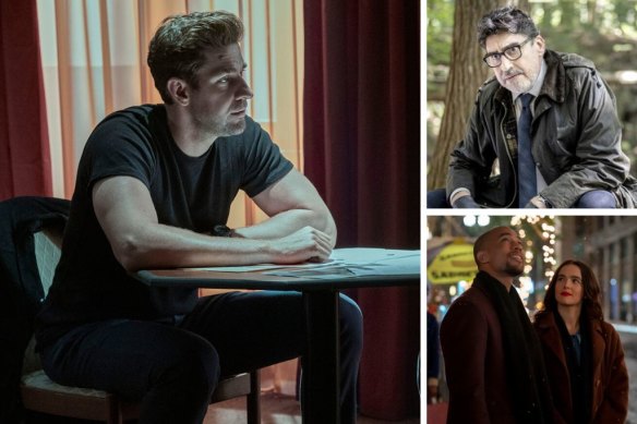 Clockwise from main: John Krasinski in Jack Ryan, Alfred Molina in Three Pines and Kendrick Smith Sampson and Zoey Deutch in Something From Tiffany’s.