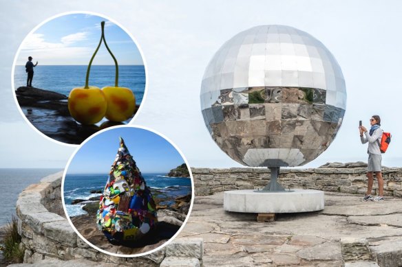 Highlights from Sculpture by the Sea included Joel Adler’s Lens (main), Nikita Zigura’s Global Warming (top left) and Just a Drop in the Ocean by Marina DeBris (bottom left).
