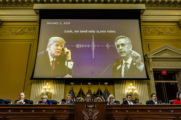 In October 2022, a recording of Trump speaking with Georgia’s Secretary of State Brad Raffensberger plays during a hearing of the select committee to investigate the attack on the Capitol.
