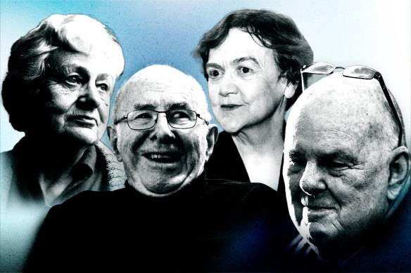 Australian poets (from left) Judith Wright, Clive James, Dorothea Mackellar and Les Murray.