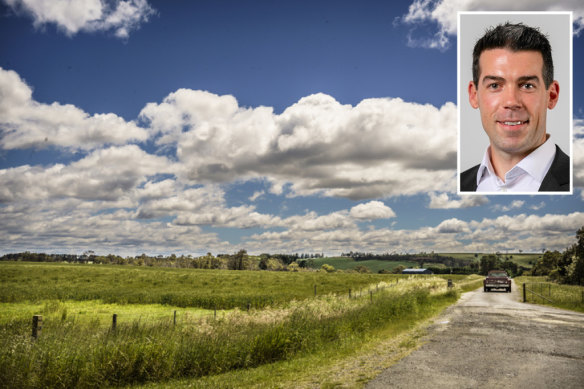 Part of the 1300-hectare parcel of land bought by Peter Crown (inset) in Berrima.
