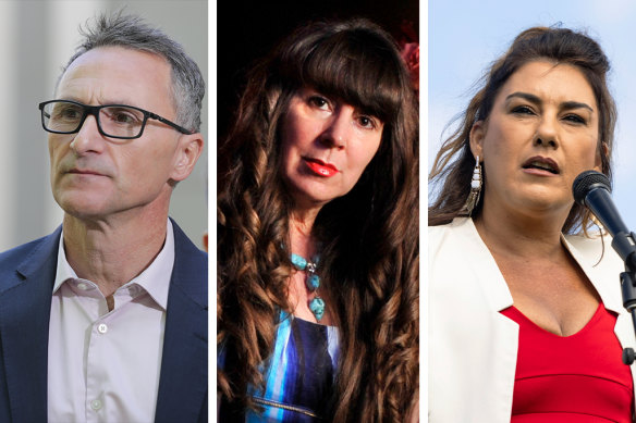 Former Greens leader Richard Di Natale, strip club owner Maxine Fensom (centre) and independent senator Lidia Thorpe share a link from their political pasts.