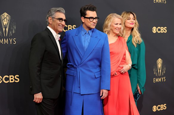 From left: Eugene Levy, Dan Levy, Catherine O’Hara and Annie Murphy attend the 73rd Primetime Emmy Awards.