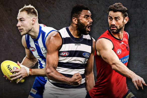 North Melbourne’s Ben McKay, Geelong’s Esava Ratugolea, and Melbourne’s Brodie Grundy.