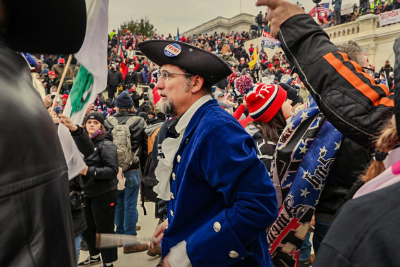A protester dressed in historical garb at the Stop the Steal rally outside the Capitol building on January 6, 2021.